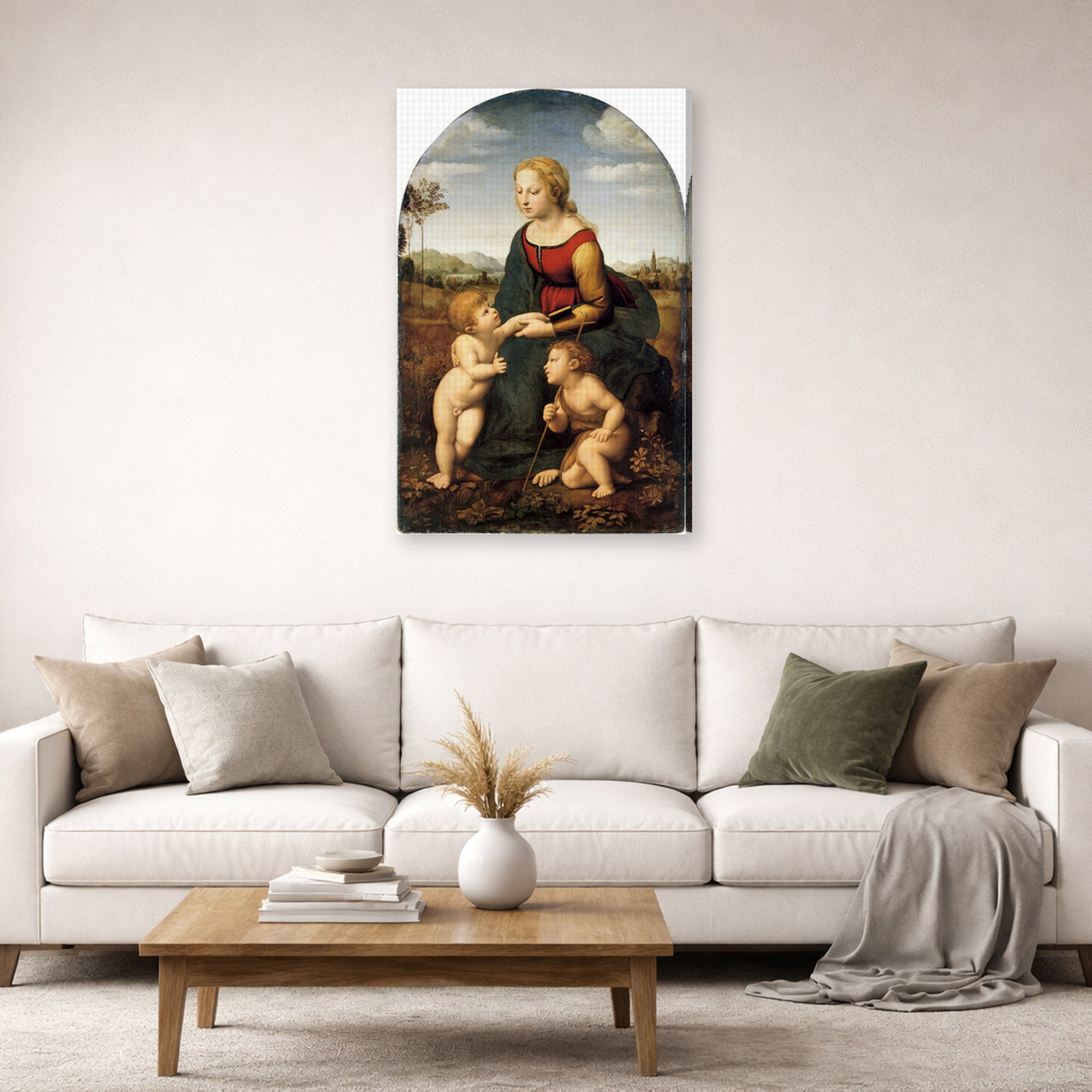 Gallery-wrapped canvas print of Raphael's La belle jardinière displayed on a wall in a living room