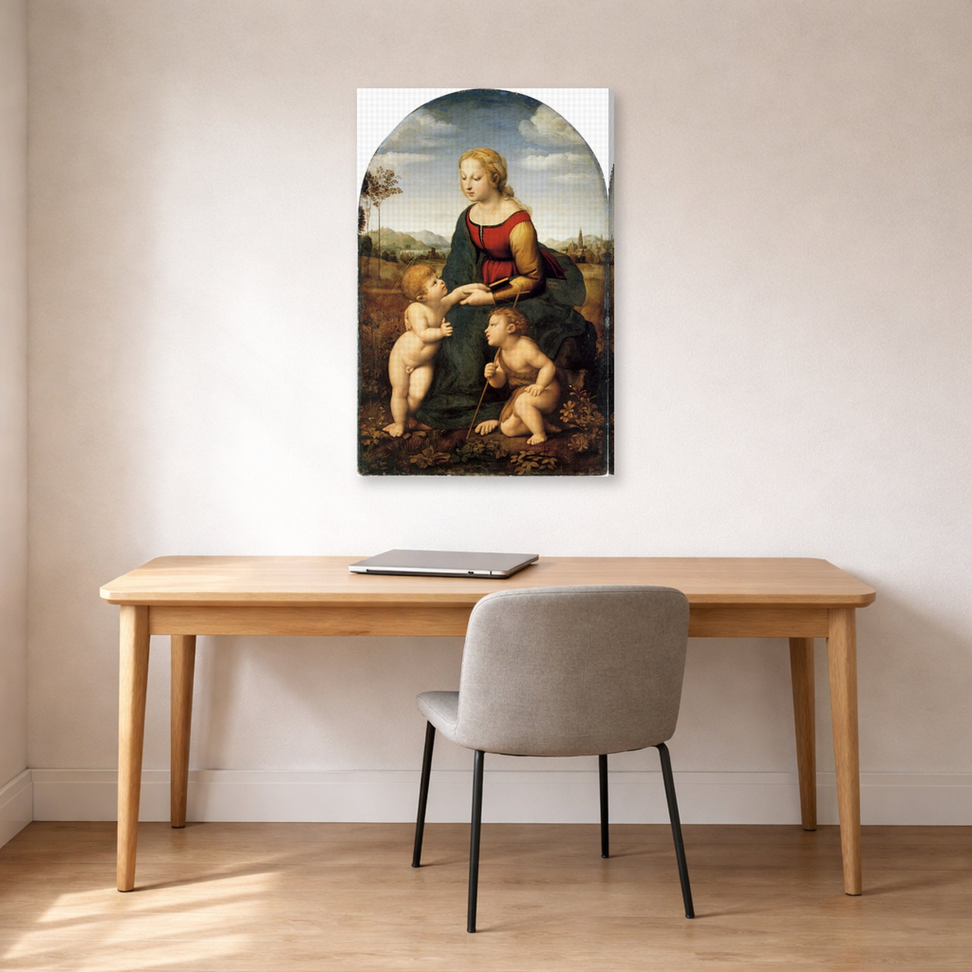 Gallery-wrapped canvas print of Raphael's La belle jardinière displayed on a wall in a office