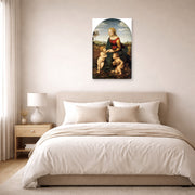 Unframed poster print of Raphael's La belle jardinière displayed on a wall in a bedroom
