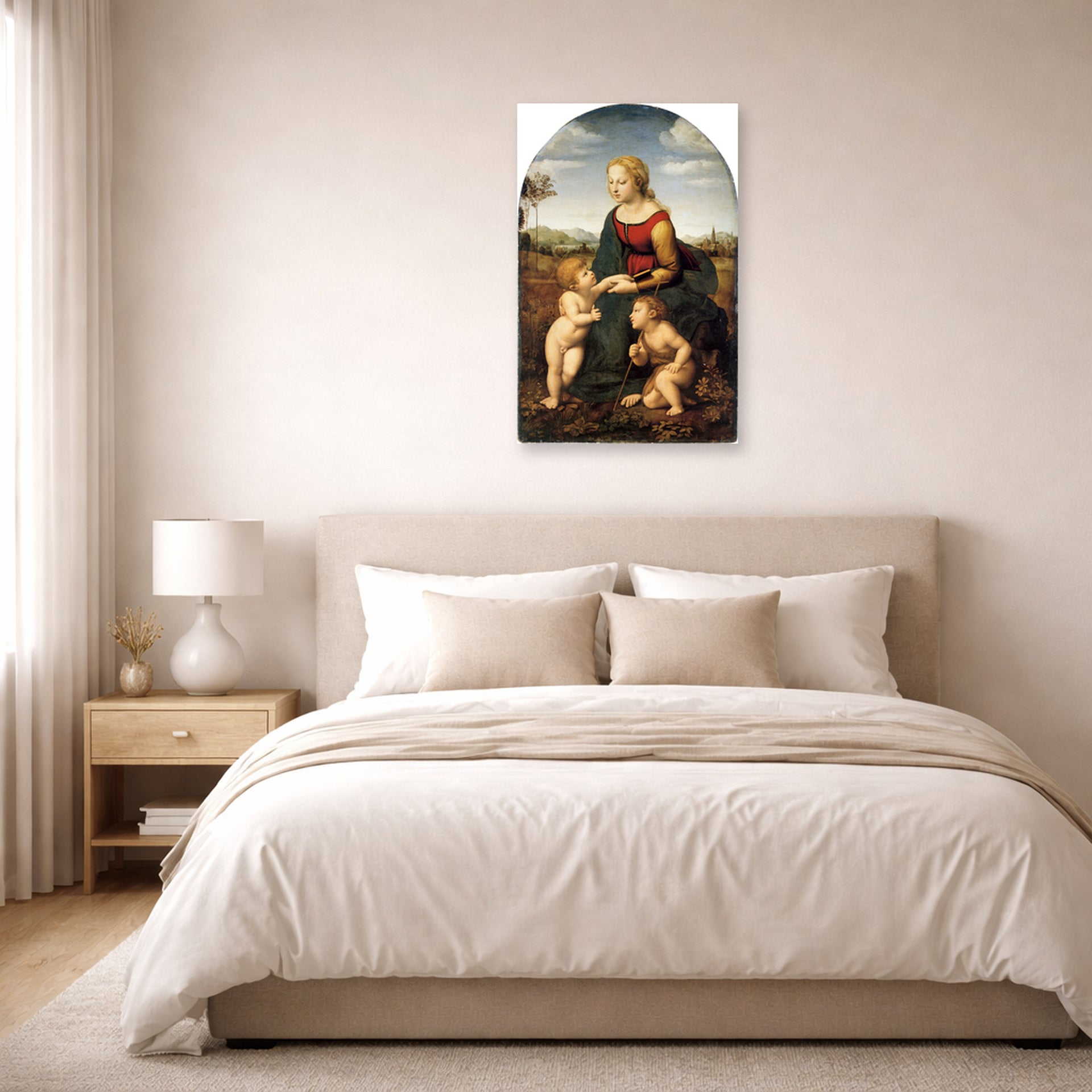 Unframed poster print of Raphael's La belle jardinière displayed on a wall in a bedroom