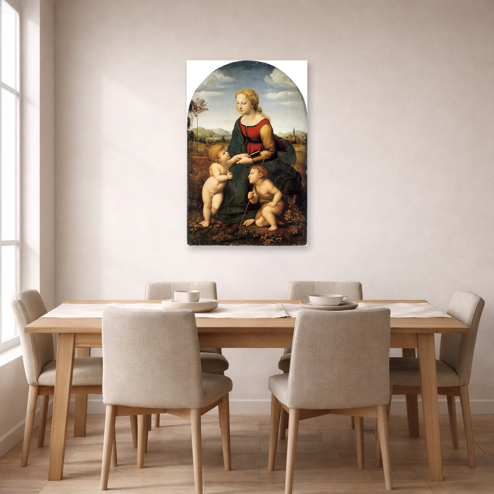 Unframed poster print of Raphael's La belle jardinière displayed on a wall in a dining