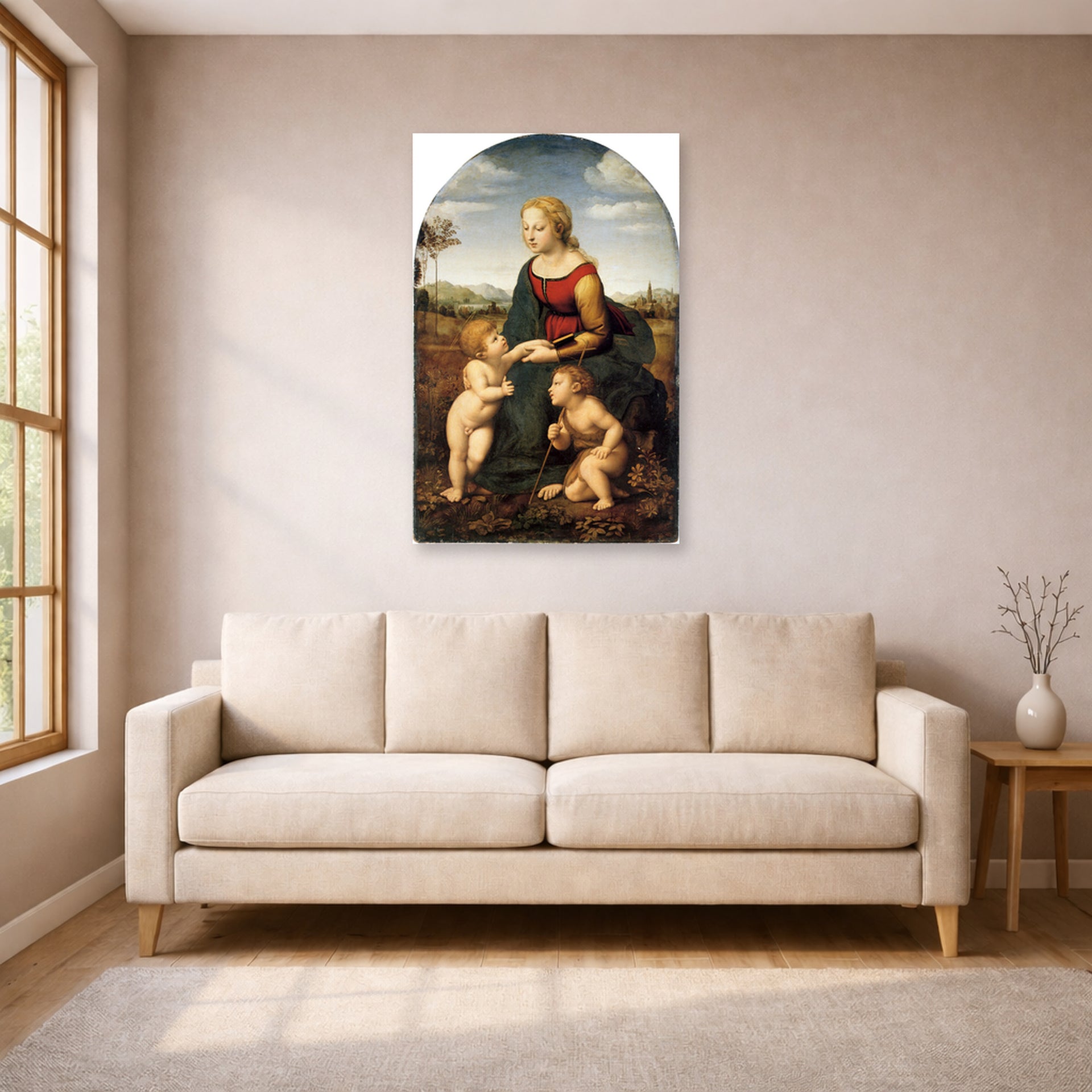 Unframed poster print of Raphael's La belle jardinière displayed on a wall in a living room