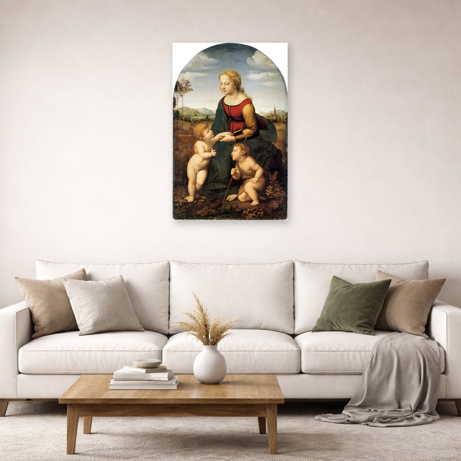 Unframed poster print of Raphael's La belle jardinière displayed on a wall in a living room