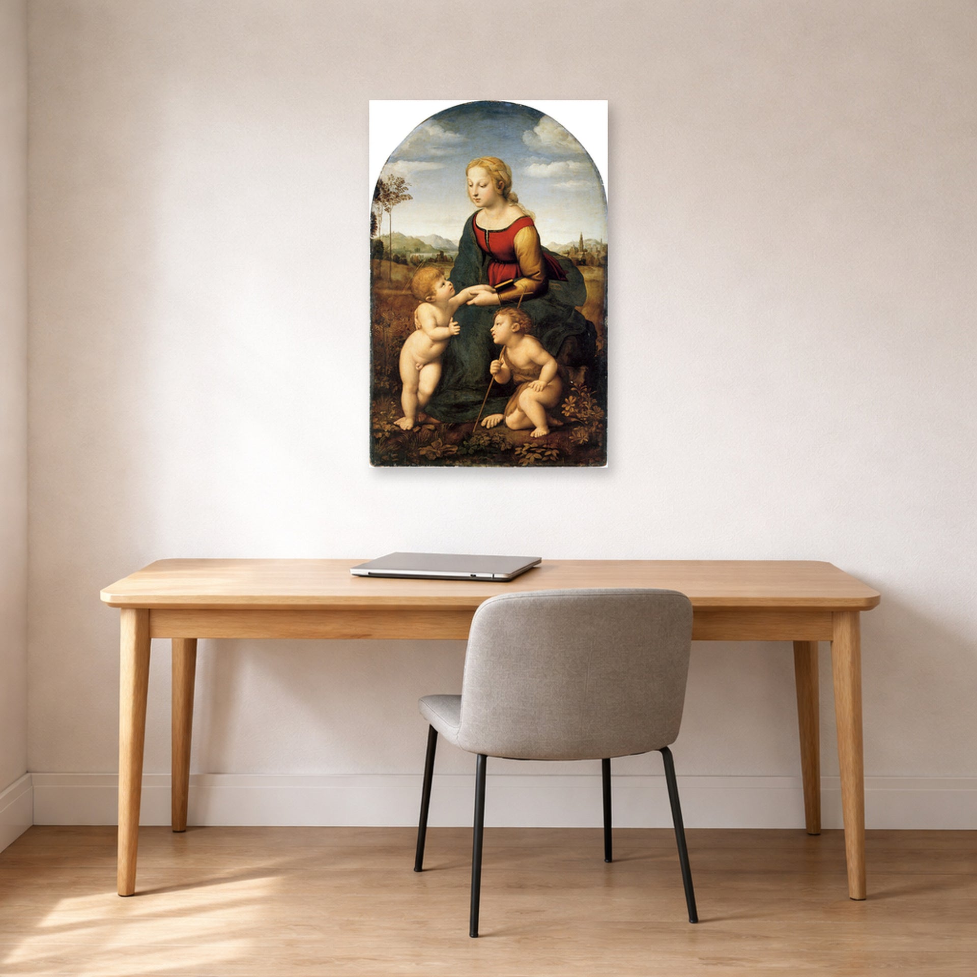 Unframed poster print of Raphael's La belle jardinière displayed on a wall in a office