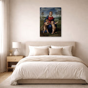 Gallery-wrapped canvas print of Raphael's Madonna del cardellino displayed on a wall in a bedroom