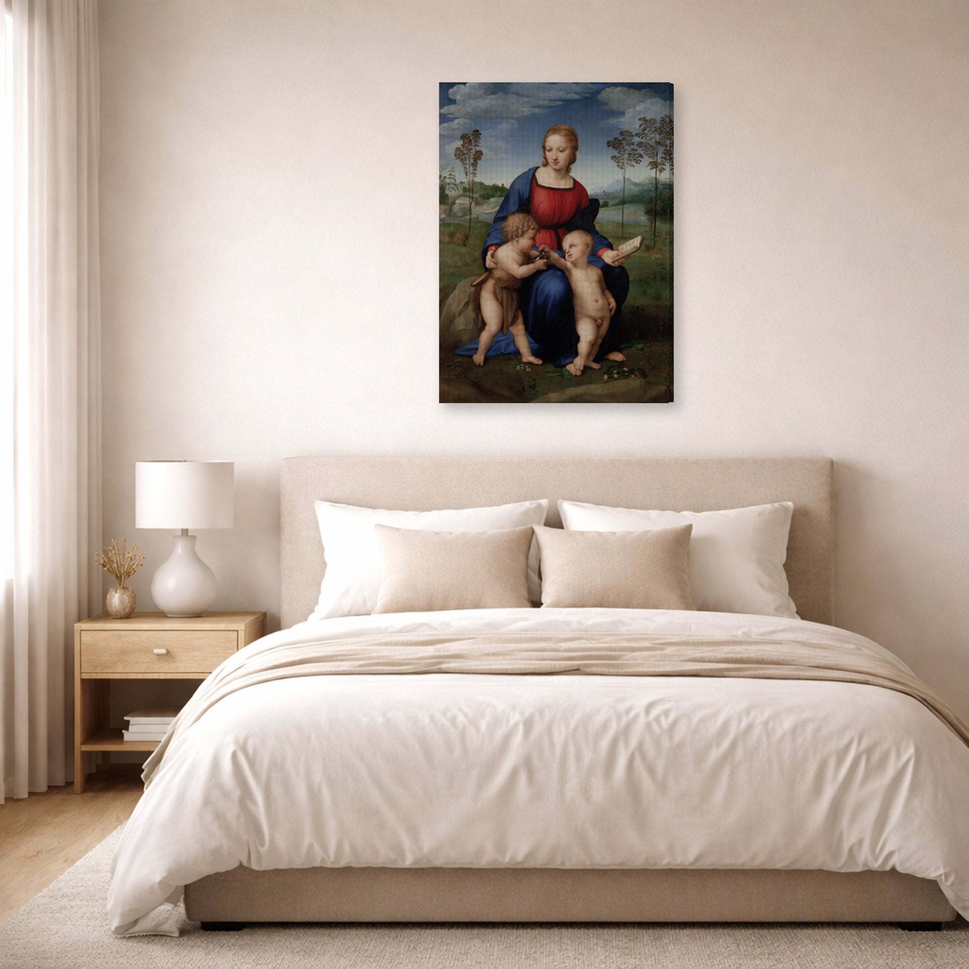 Gallery-wrapped canvas print of Raphael's Madonna del cardellino displayed on a wall in a bedroom