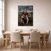 Gallery-wrapped canvas print of Raphael's Madonna del cardellino displayed on a wall in a dining