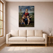 Gallery-wrapped canvas print of Raphael's Madonna del cardellino displayed on a wall in a living room