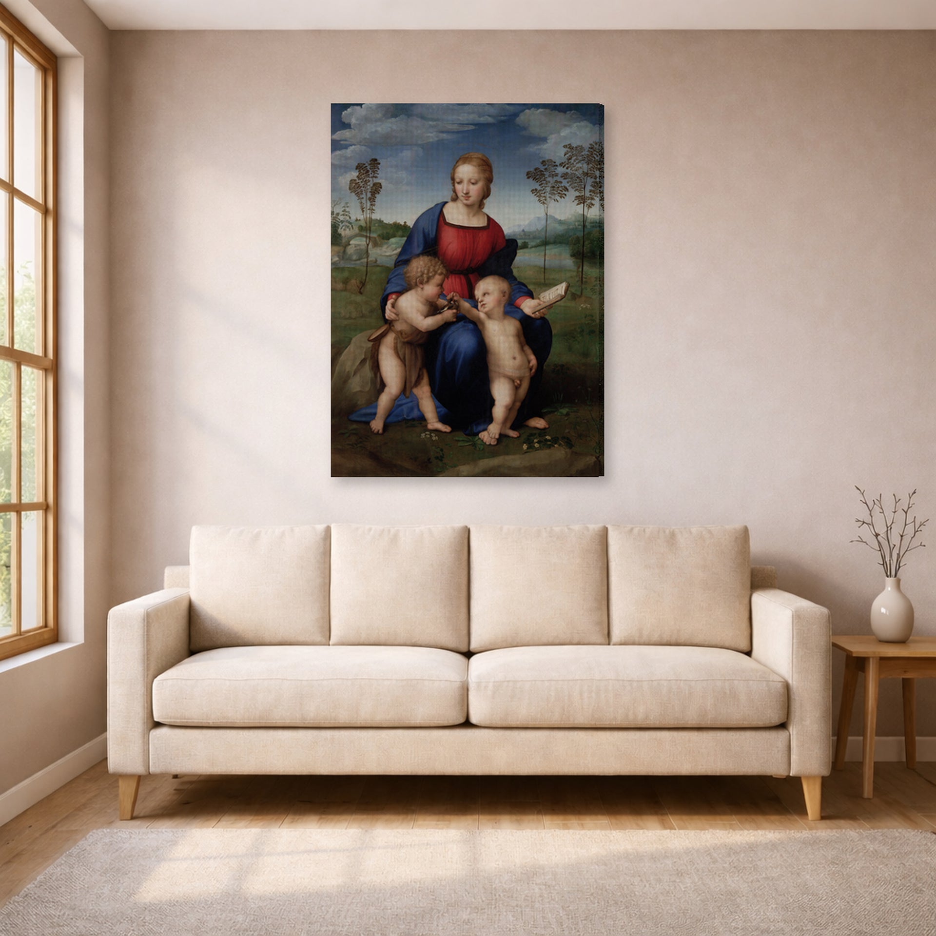 Gallery-wrapped canvas print of Raphael's Madonna del cardellino displayed on a wall in a living room
