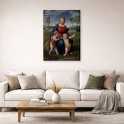Gallery-wrapped canvas print of Raphael's Madonna del cardellino displayed on a wall in a living room