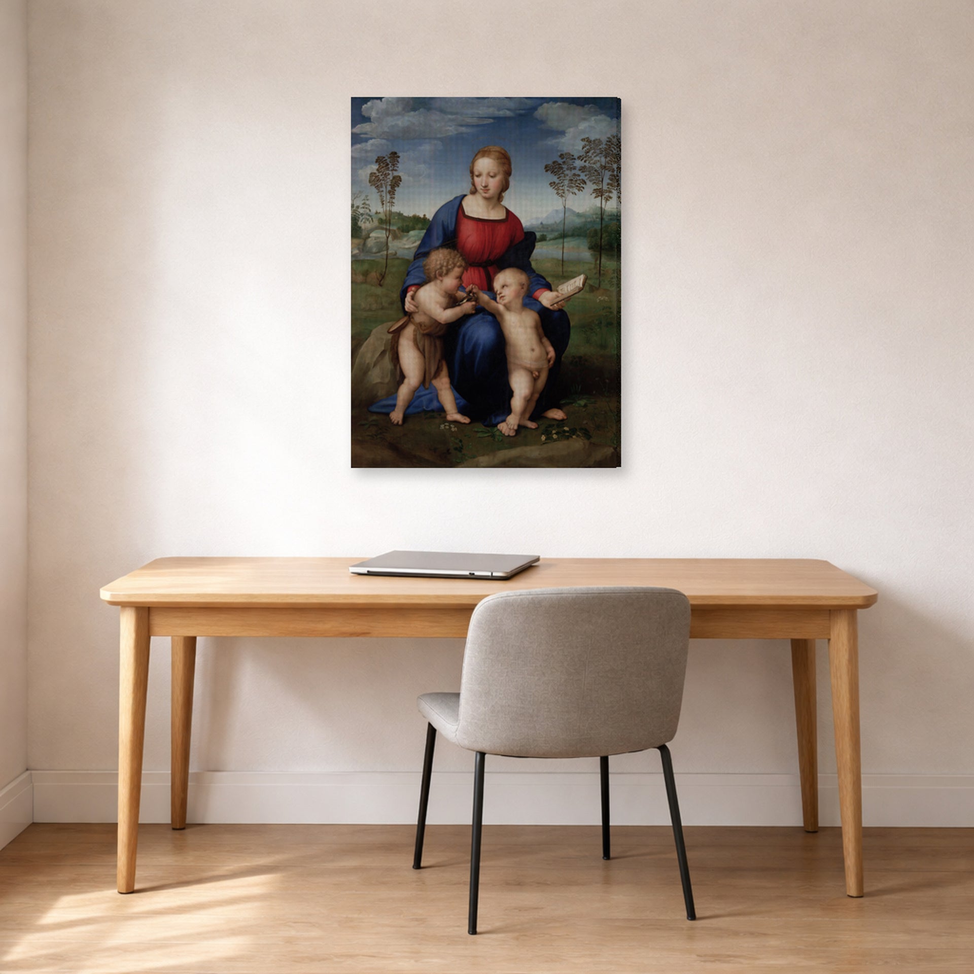 Gallery-wrapped canvas print of Raphael's Madonna del cardellino displayed on a wall in a office