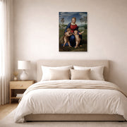 Unframed poster print of Raphael's Madonna del cardellino displayed on a wall in a bedroom