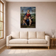 Unframed poster print of Raphael's Madonna del cardellino displayed on a wall in a living room