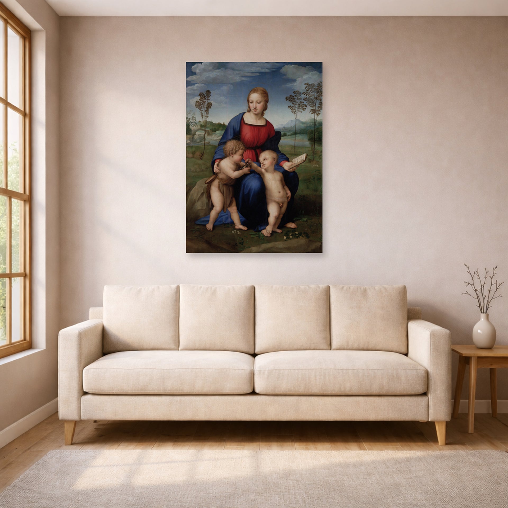 Unframed poster print of Raphael's Madonna del cardellino displayed on a wall in a living room