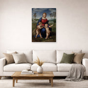 Unframed poster print of Raphael's Madonna del cardellino displayed on a wall in a living room