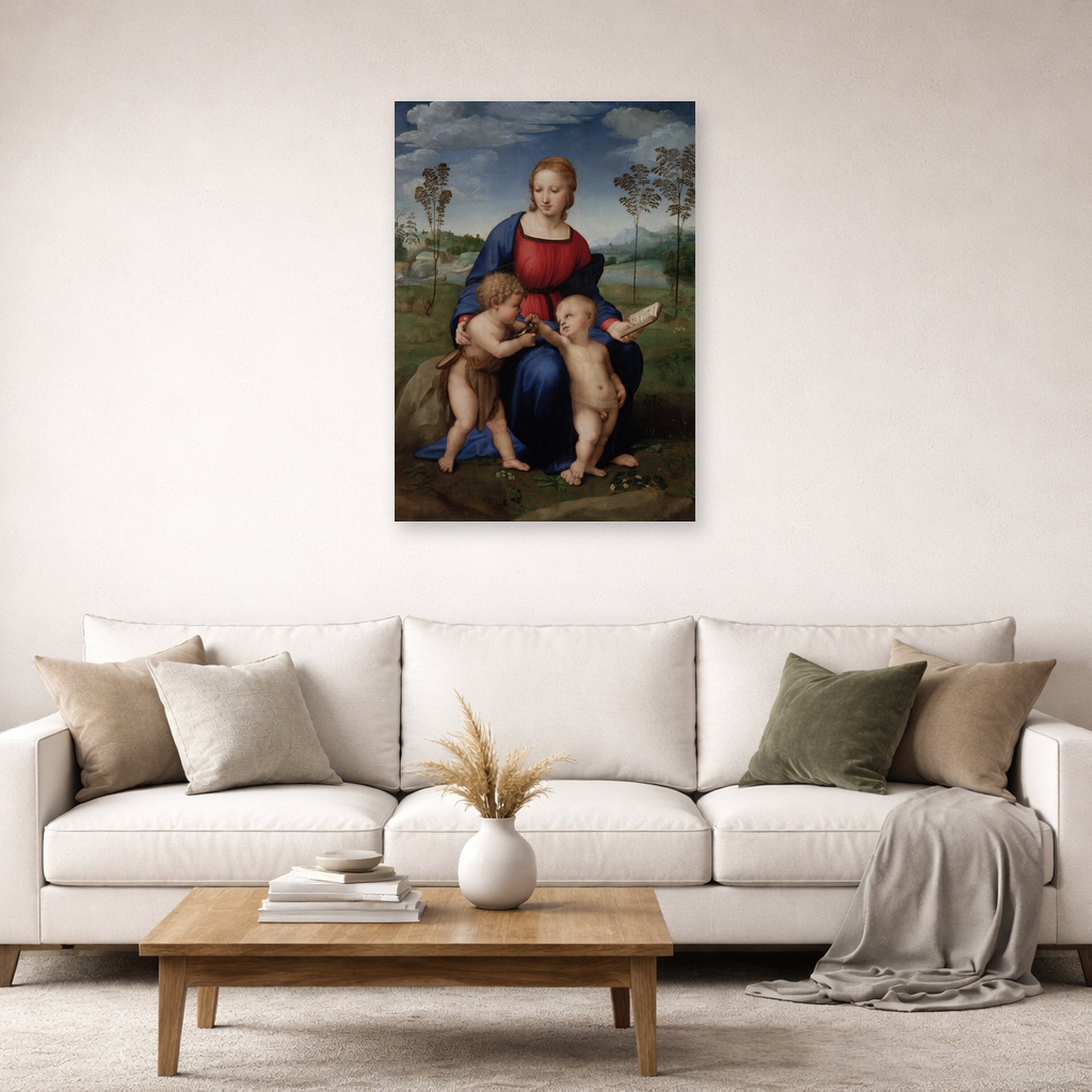 Unframed poster print of Raphael's Madonna del cardellino displayed on a wall in a living room