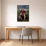 Unframed poster print of Raphael's Madonna del cardellino displayed on a wall in a office