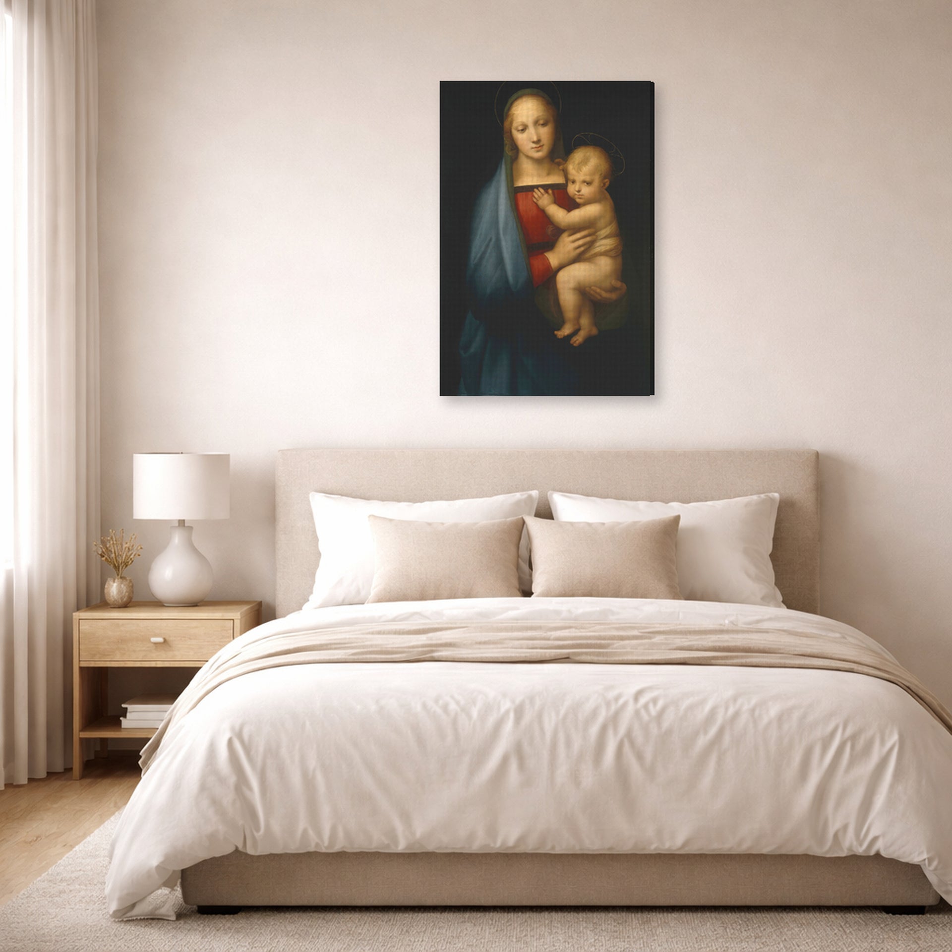 Gallery-wrapped canvas print of Raphael's Madonna del Granduca displayed on a wall in a bedroom