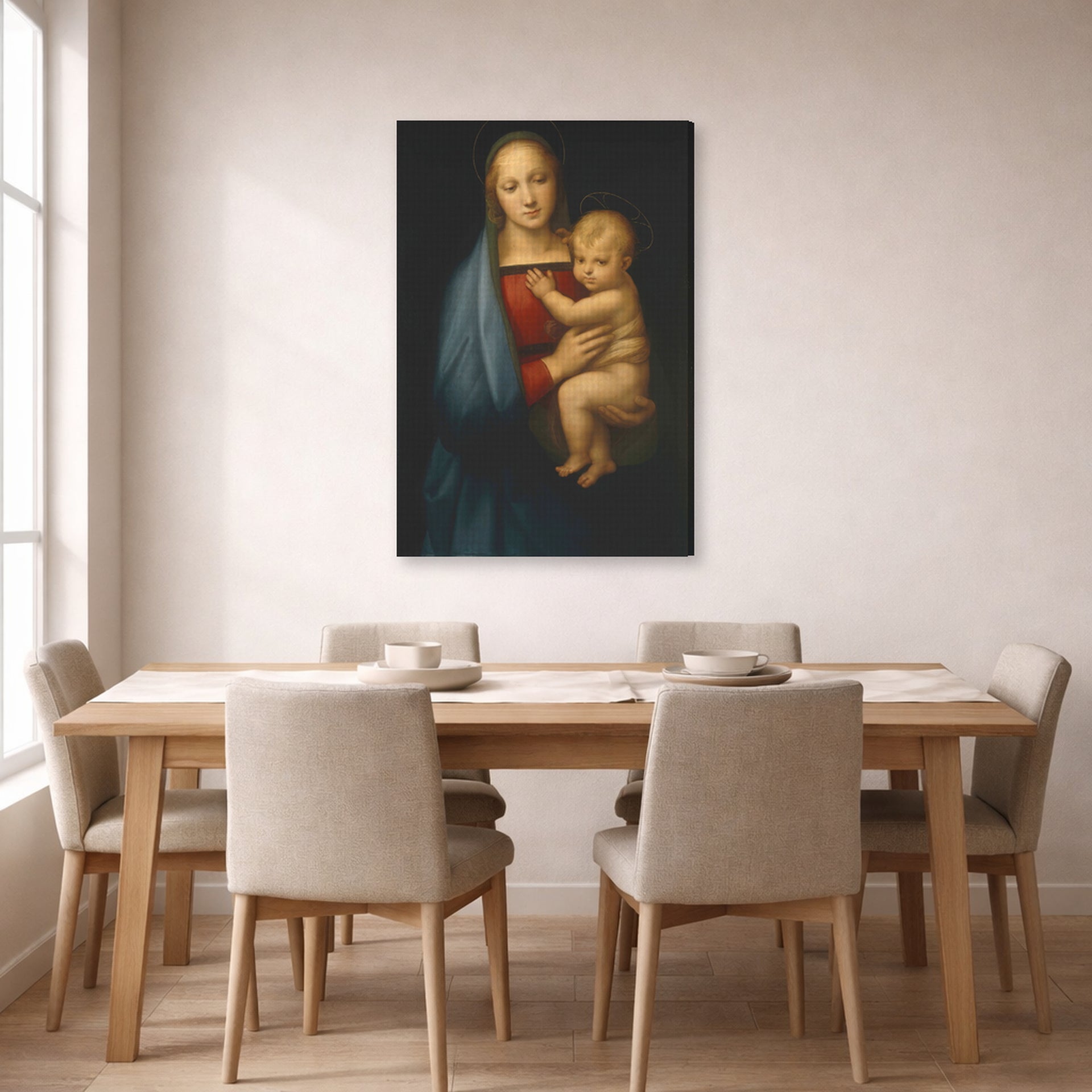 Gallery-wrapped canvas print of Raphael's Madonna del Granduca displayed on a wall in a dining