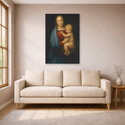 Gallery-wrapped canvas print of Raphael's Madonna del Granduca displayed on a wall in a living room