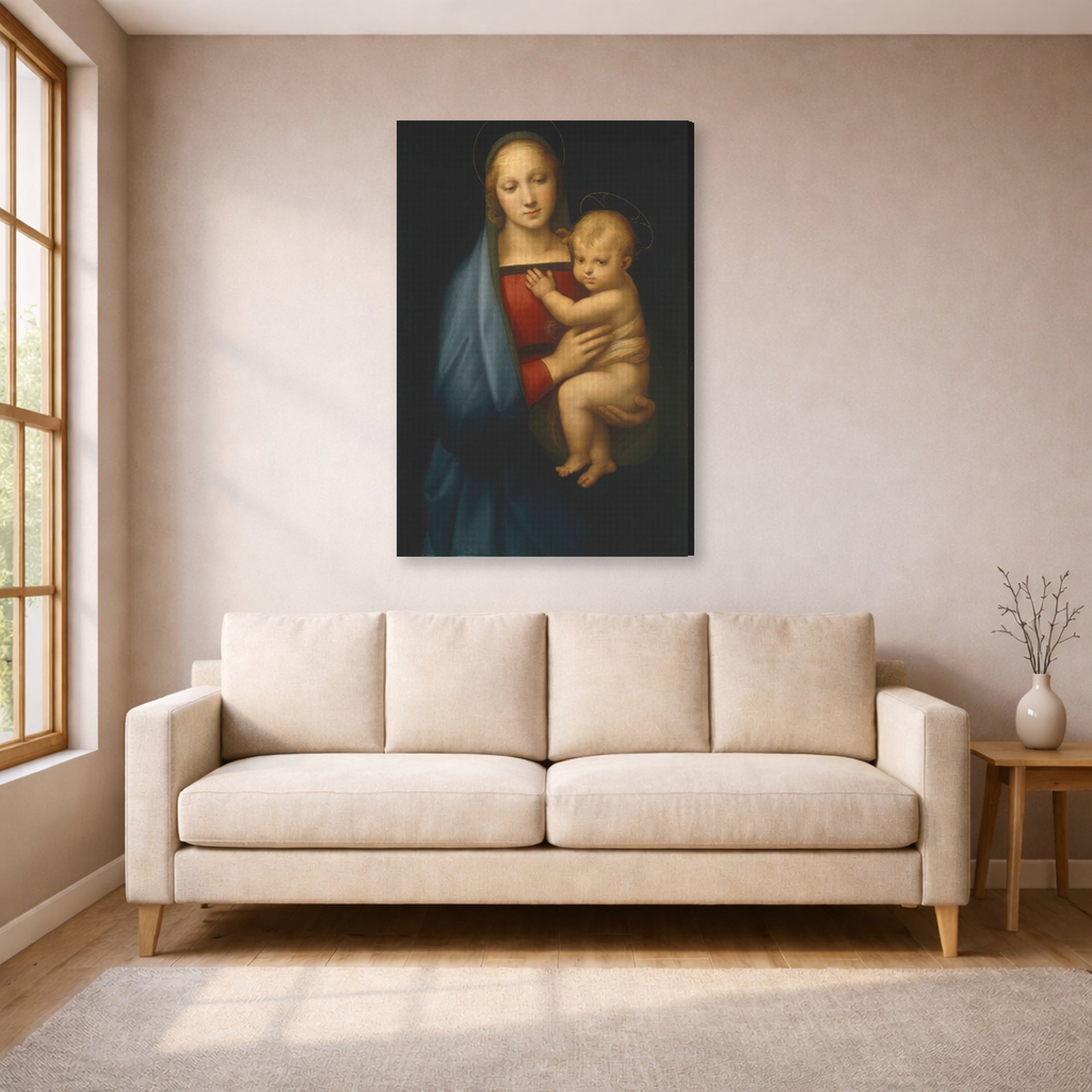 Gallery-wrapped canvas print of Raphael's Madonna del Granduca displayed on a wall in a living room