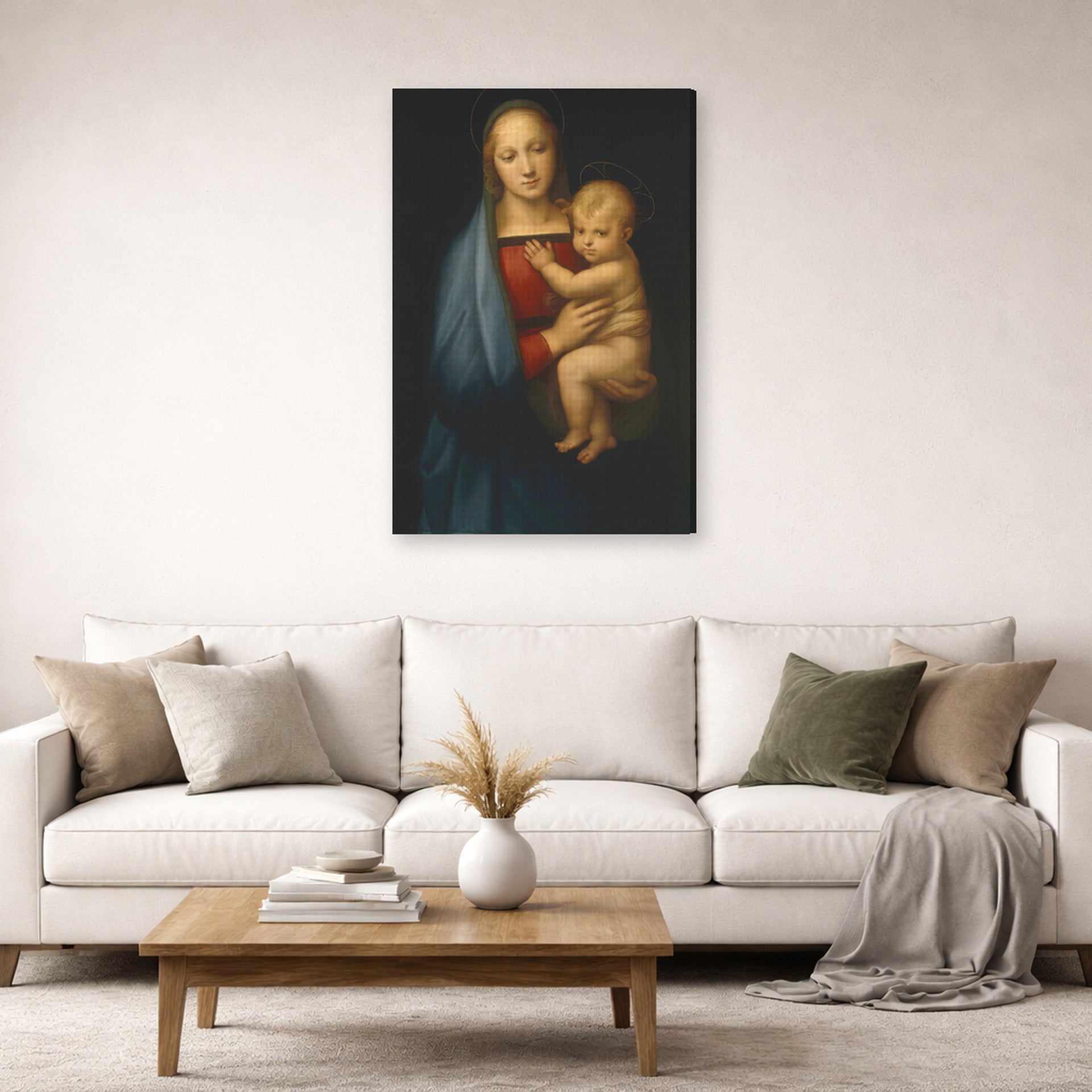 Gallery-wrapped canvas print of Raphael's Madonna del Granduca displayed on a wall in a living room