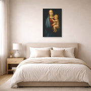 Unframed poster print of Raphael's Madonna del Granduca displayed on a wall in a bedroom