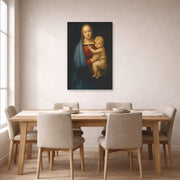 Unframed poster print of Raphael's Madonna del Granduca displayed on a wall in a dining