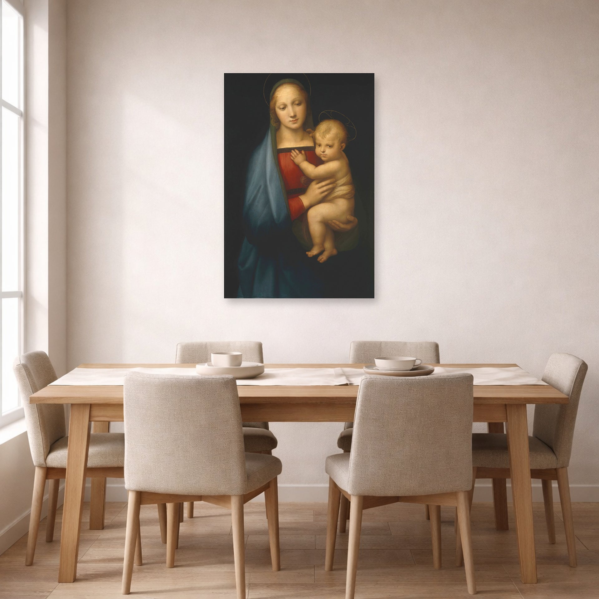Unframed poster print of Raphael's Madonna del Granduca displayed on a wall in a dining
