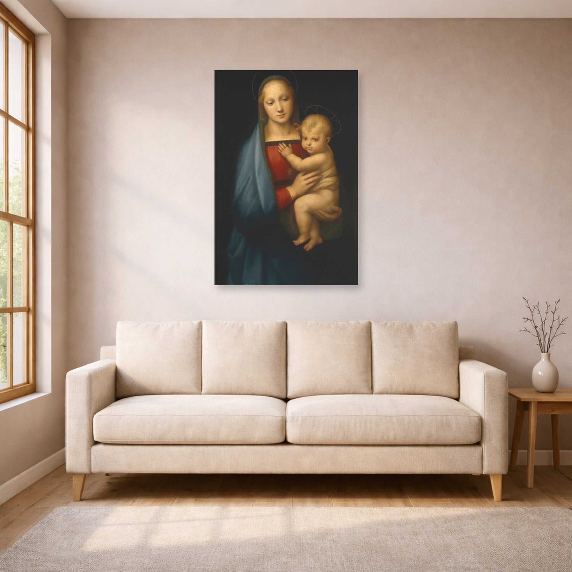 Unframed poster print of Raphael's Madonna del Granduca displayed on a wall in a living room