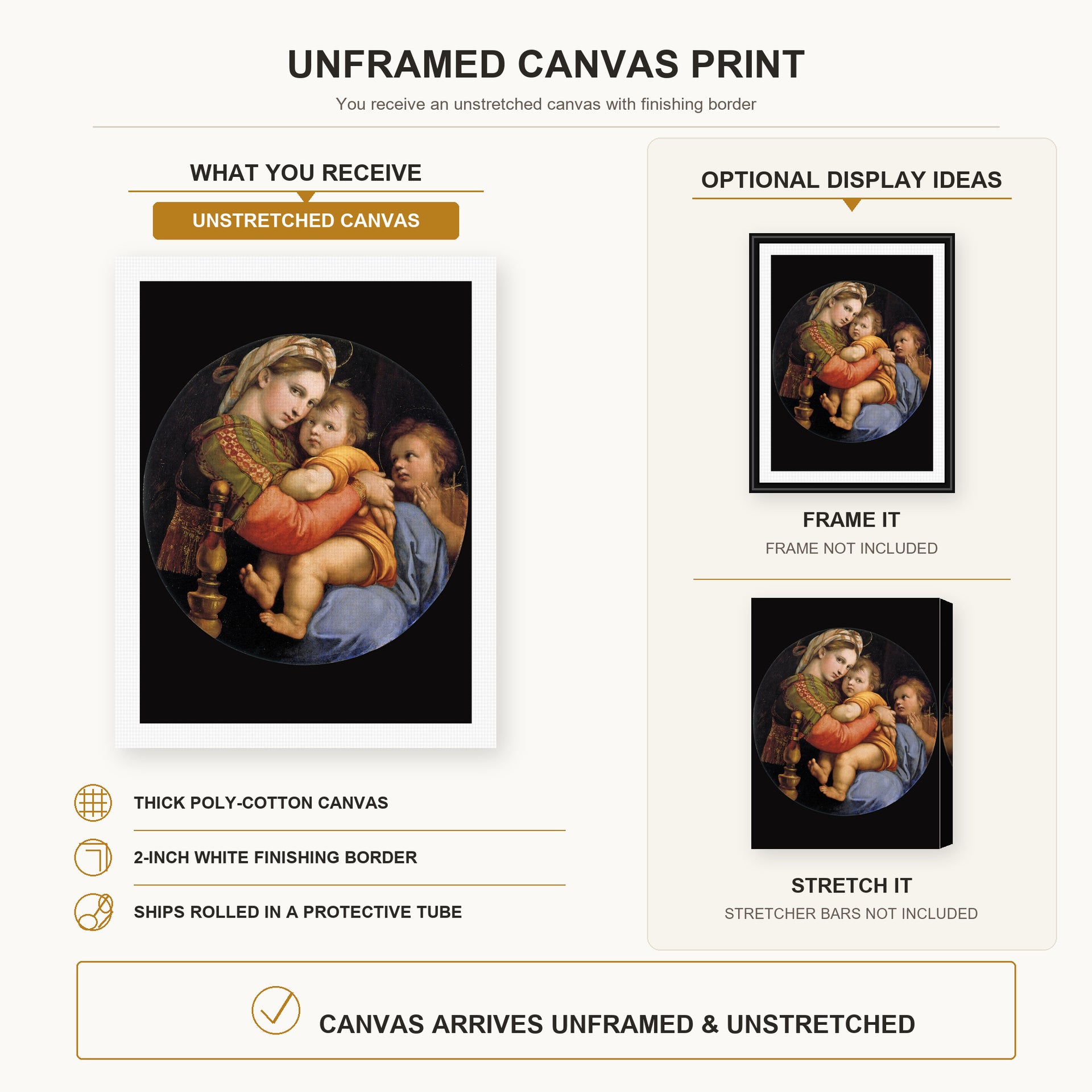 Raphael - Madonna della seggiola canvas print size comparison and framing display infographic