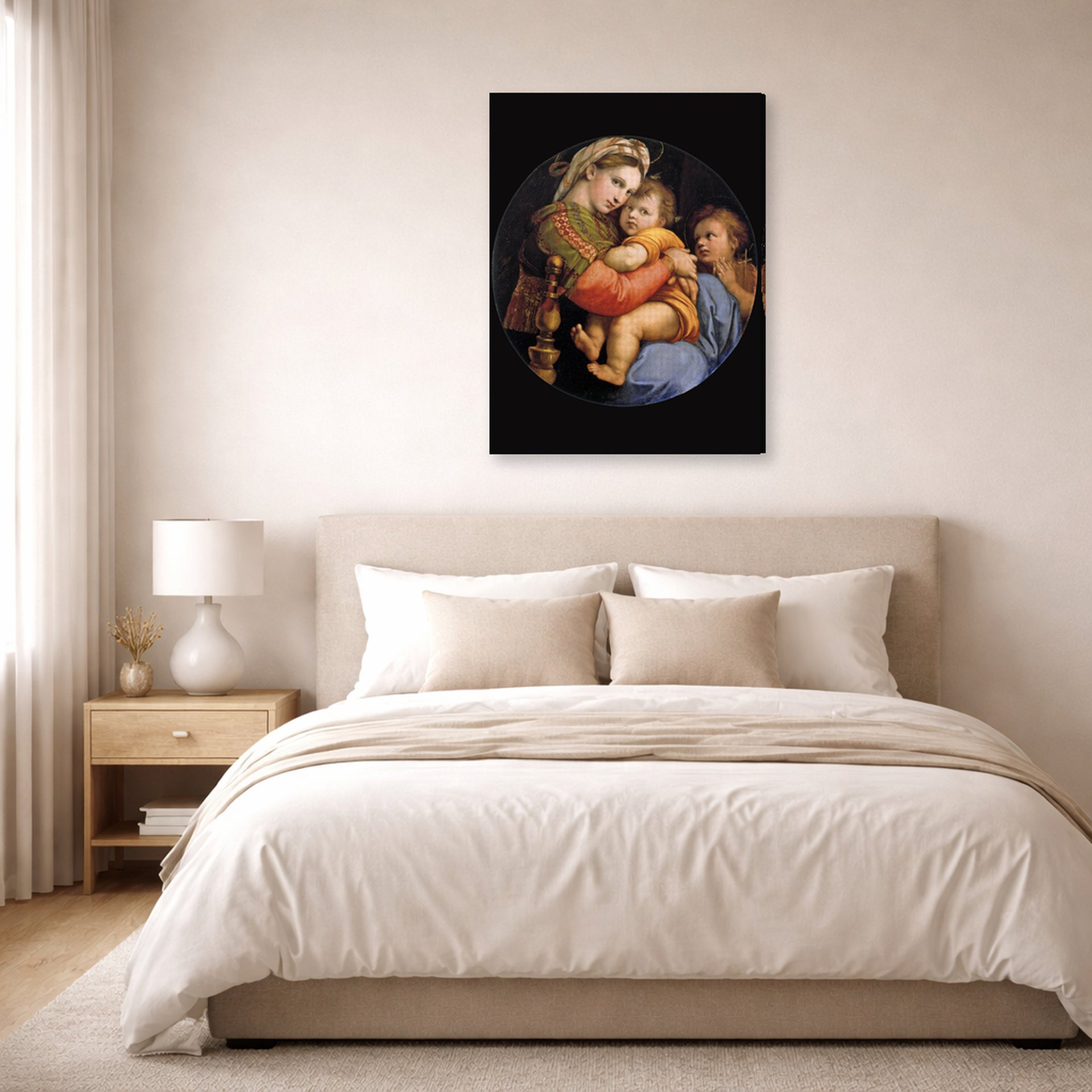 Gallery-wrapped canvas print of Raphael's Madonna della seggiola displayed on a wall in a bedroom