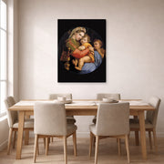 Gallery-wrapped canvas print of Raphael's Madonna della seggiola displayed on a wall in a dining