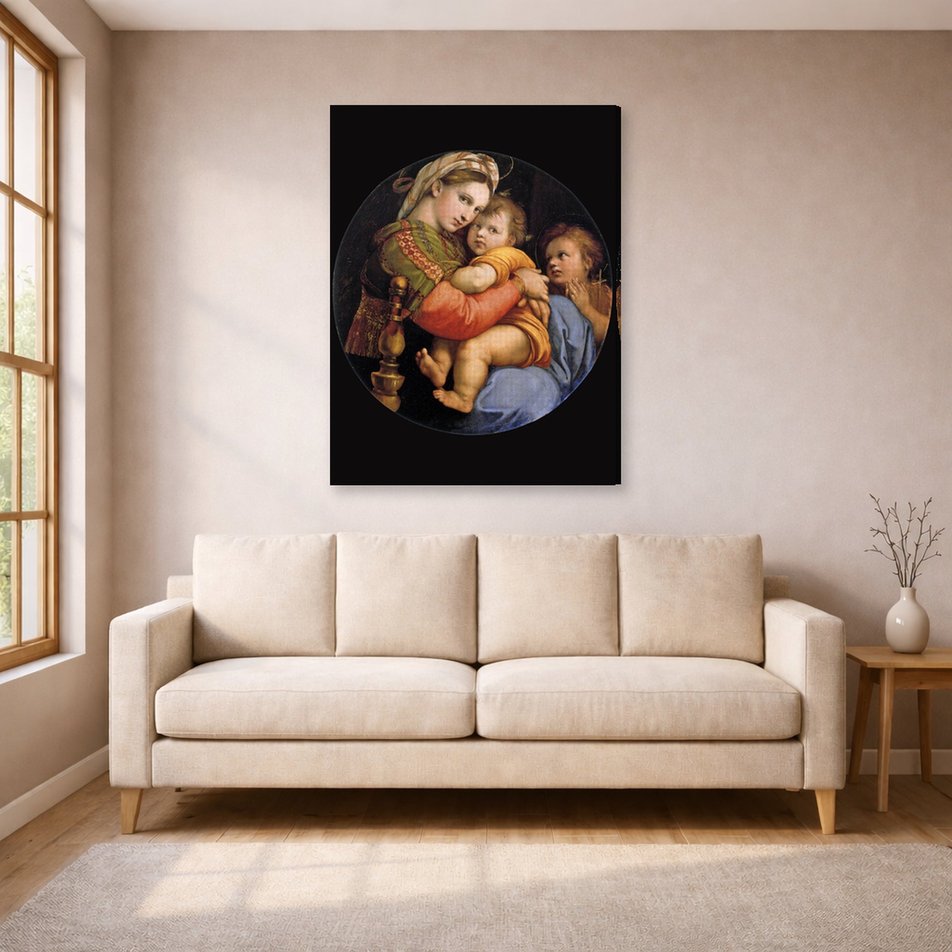 Gallery-wrapped canvas print of Raphael's Madonna della seggiola displayed on a wall in a living room