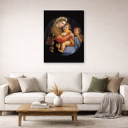 Gallery-wrapped canvas print of Raphael's Madonna della seggiola displayed on a wall in a living room