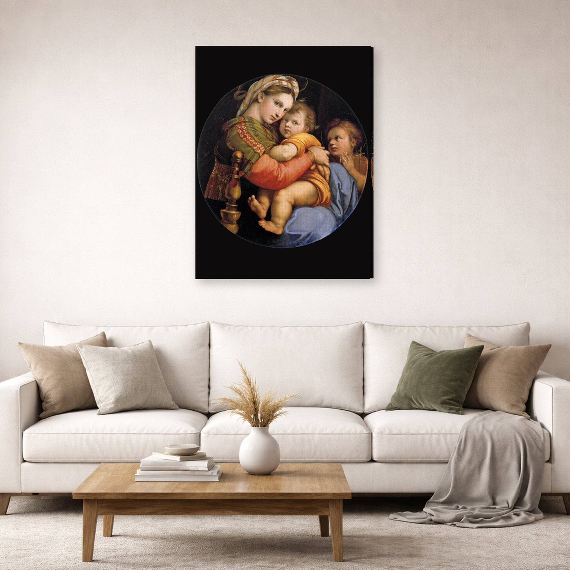 Gallery-wrapped canvas print of Raphael's Madonna della seggiola displayed on a wall in a living room