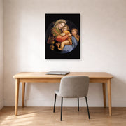 Gallery-wrapped canvas print of Raphael's Madonna della seggiola displayed on a wall in a office