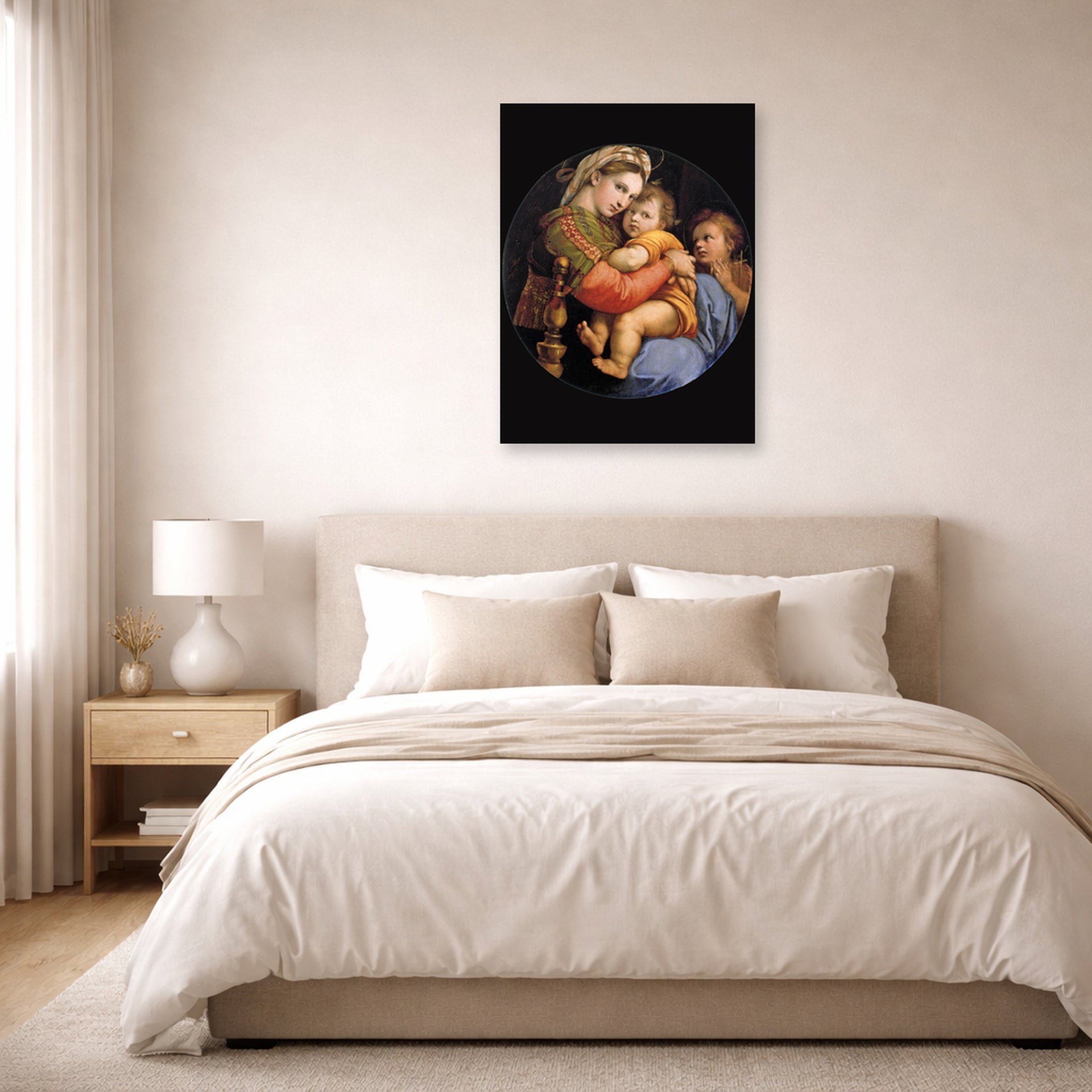 Unframed poster print of Raphael's Madonna della seggiola displayed on a wall in a bedroom