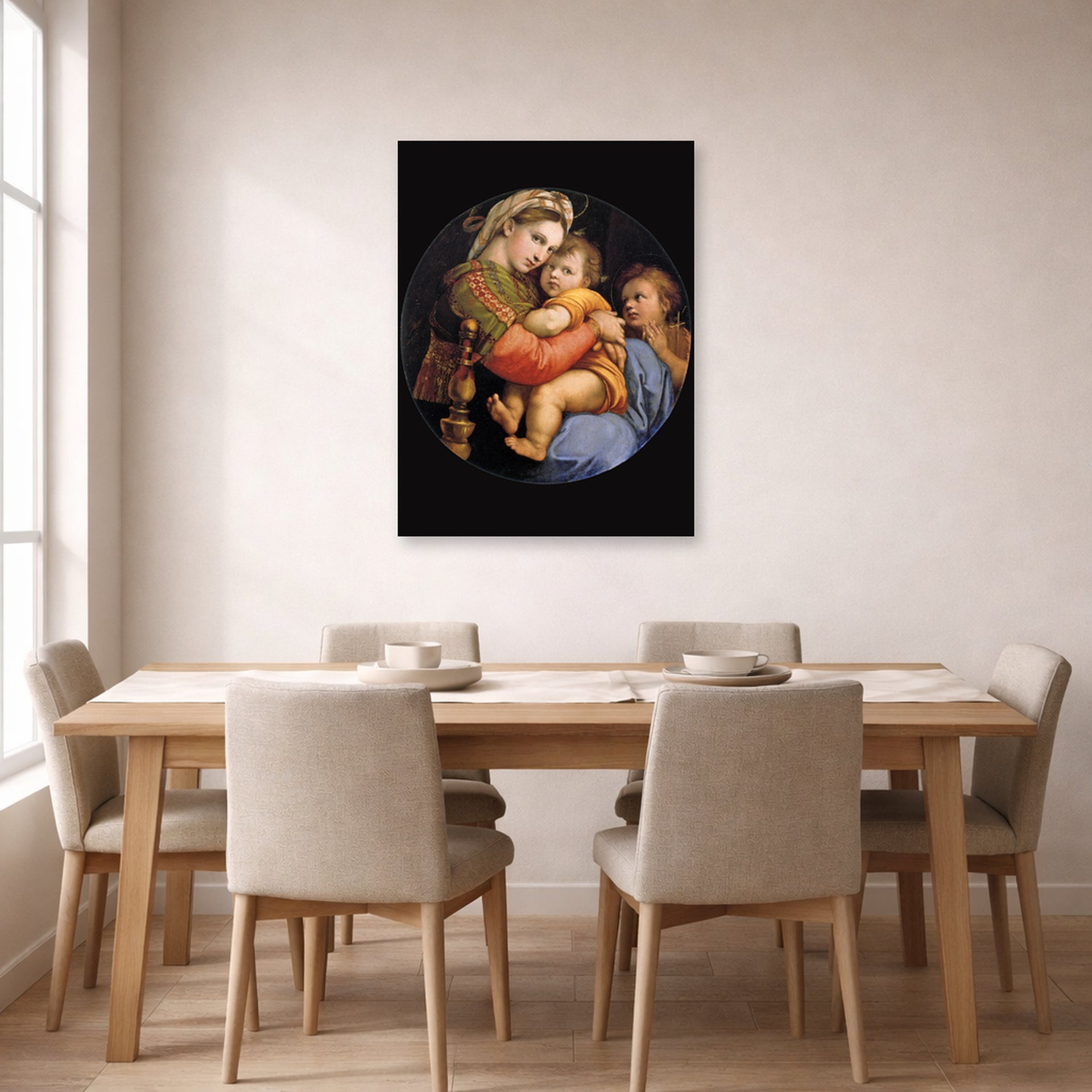 Unframed poster print of Raphael's Madonna della seggiola displayed on a wall in a dining