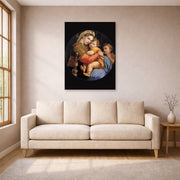 Unframed poster print of Raphael's Madonna della seggiola displayed on a wall in a living room