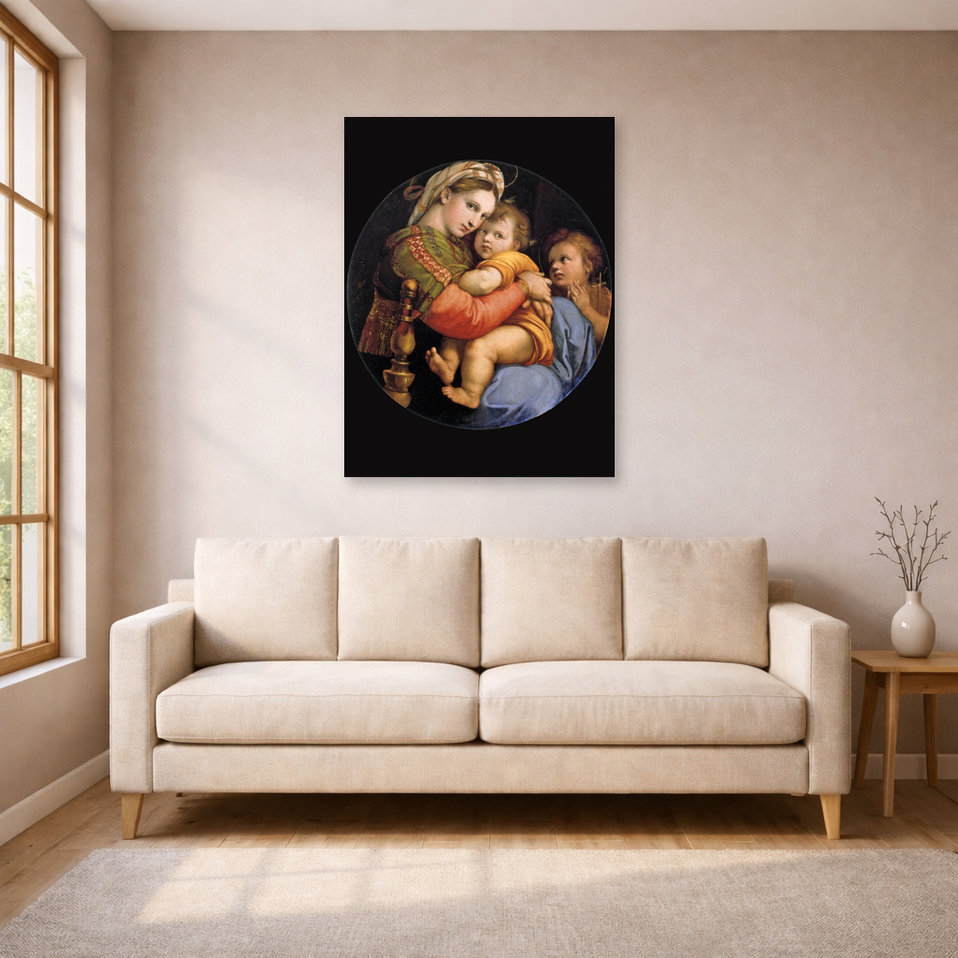 Unframed poster print of Raphael's Madonna della seggiola displayed on a wall in a living room