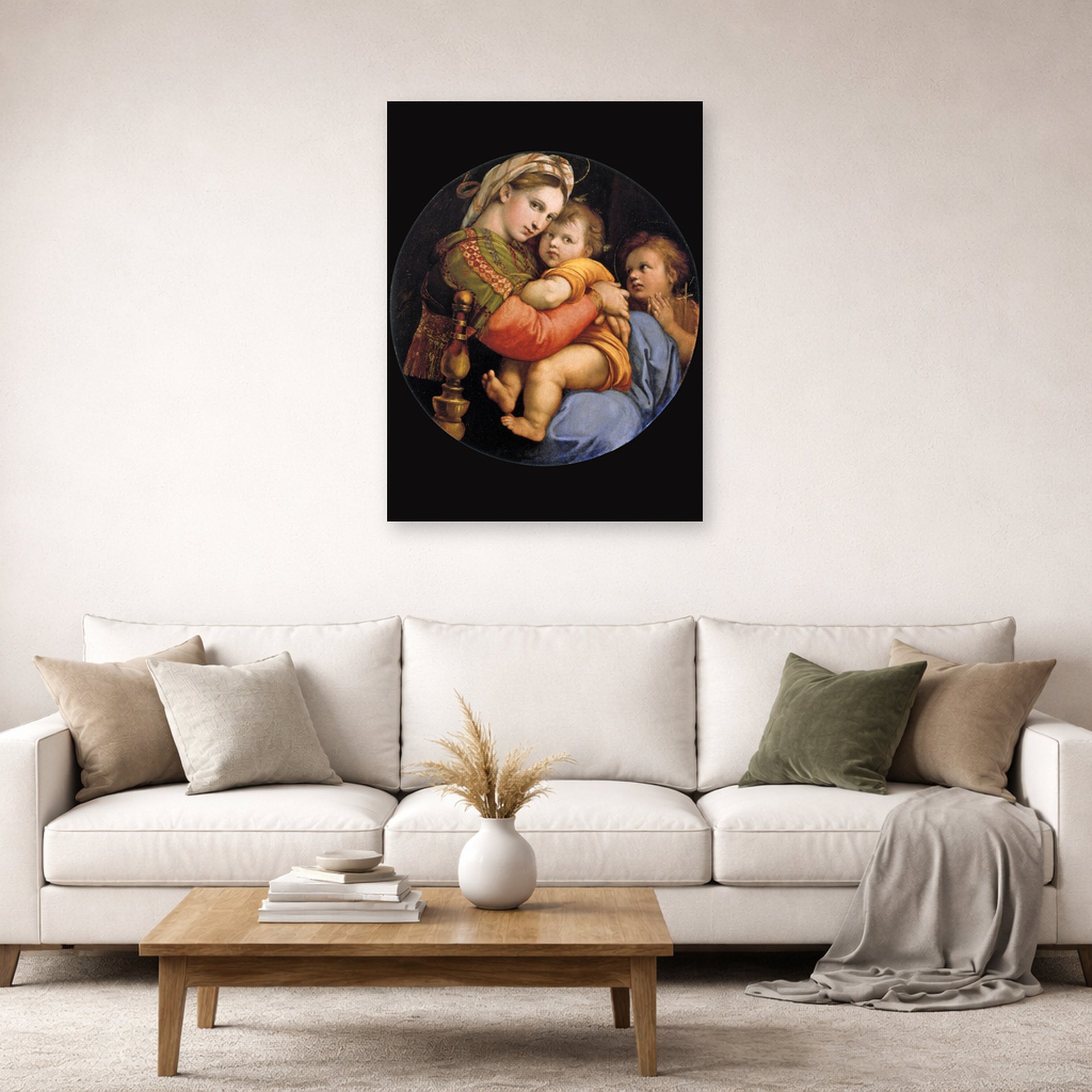 Unframed poster print of Raphael's Madonna della seggiola displayed on a wall in a living room