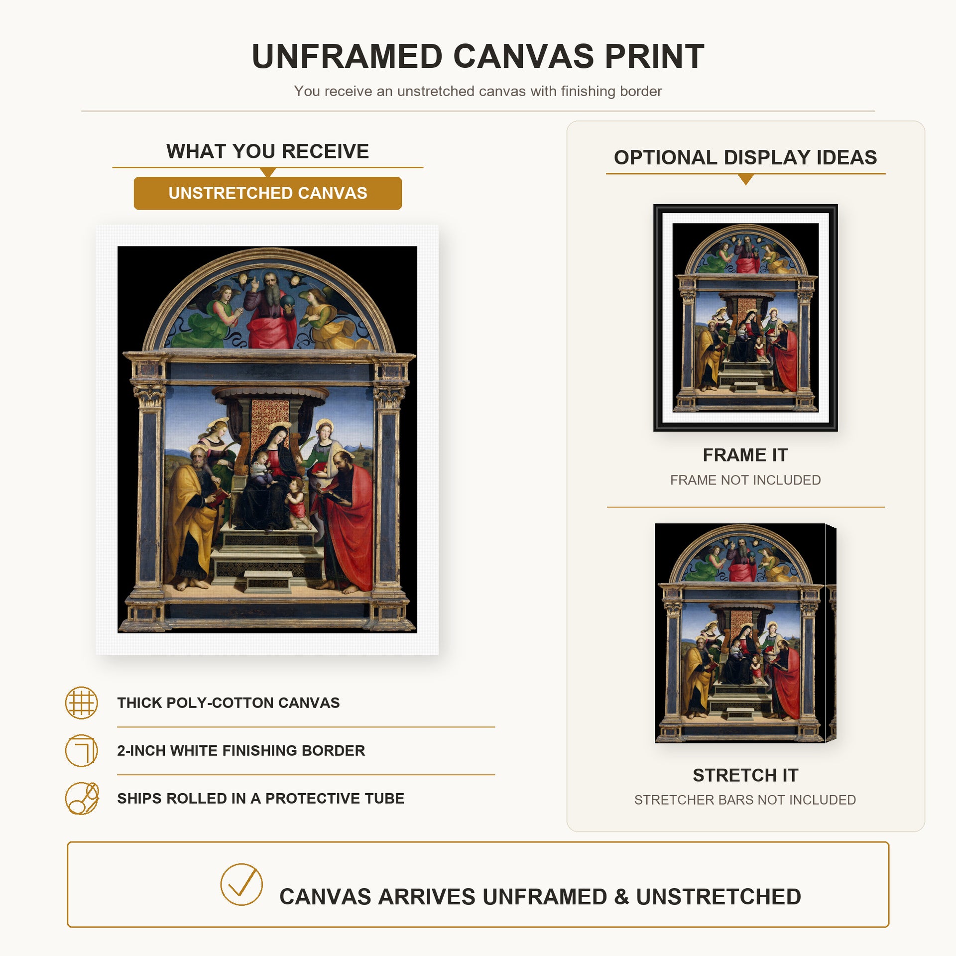 Raphael - Madonna and Child Enthroned with Saints canvas print size comparison and framing display infographic