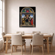 Gallery-wrapped canvas print of Raphael's Madonna and Child Enthroned with Saints displayed on a wall in a dining