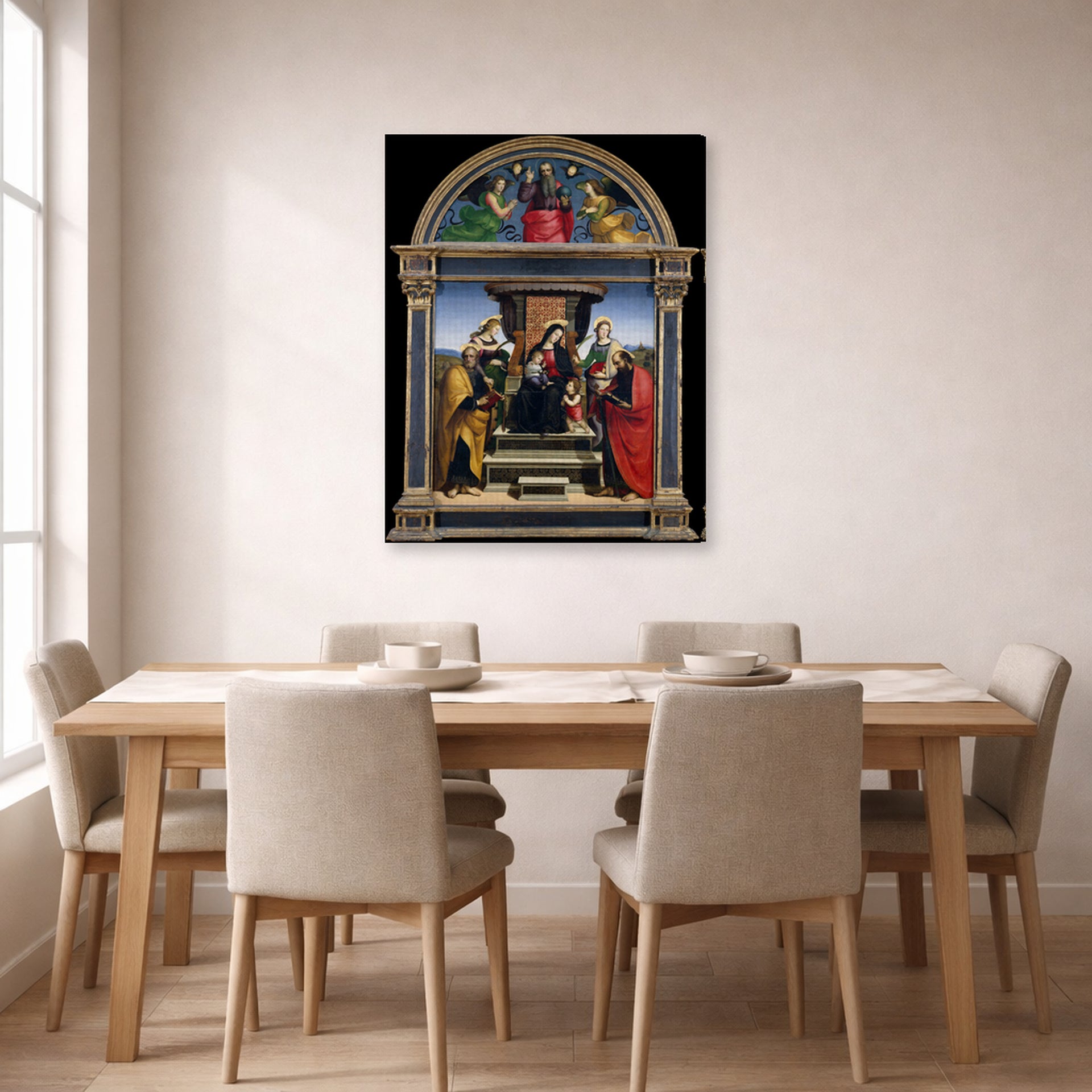 Gallery-wrapped canvas print of Raphael's Madonna and Child Enthroned with Saints displayed on a wall in a dining