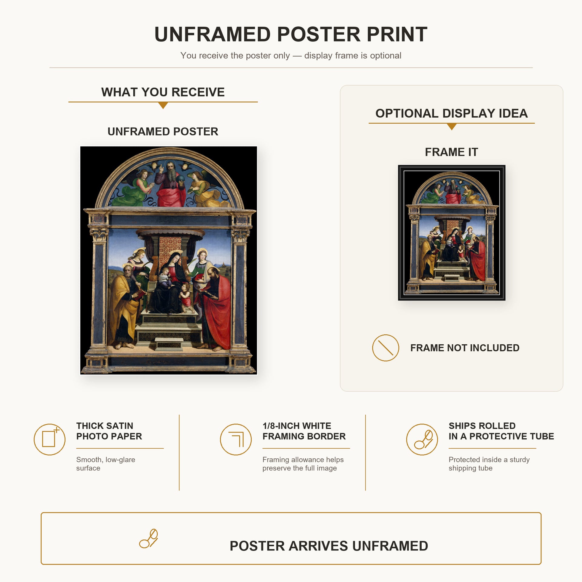 Raphael - Madonna and Child Enthroned with Saints poster print size comparison and framing display infographic