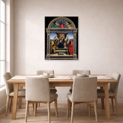 Unframed poster print of Raphael's Madonna and Child Enthroned with Saints displayed on a wall in a dining