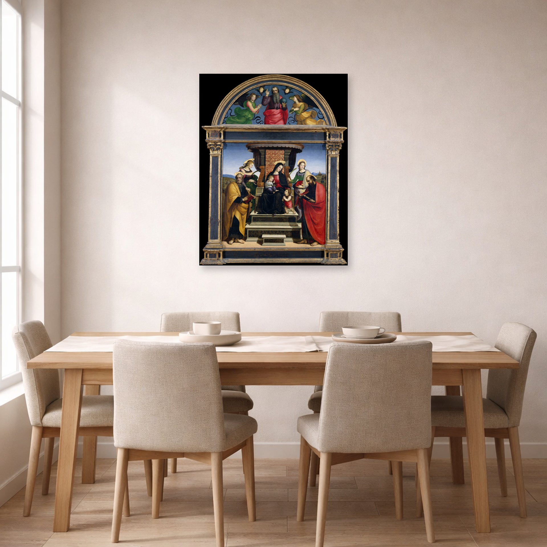 Unframed poster print of Raphael's Madonna and Child Enthroned with Saints displayed on a wall in a dining