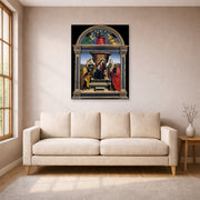 Unframed poster print of Raphael's Madonna and Child Enthroned with Saints displayed on a wall in a living room