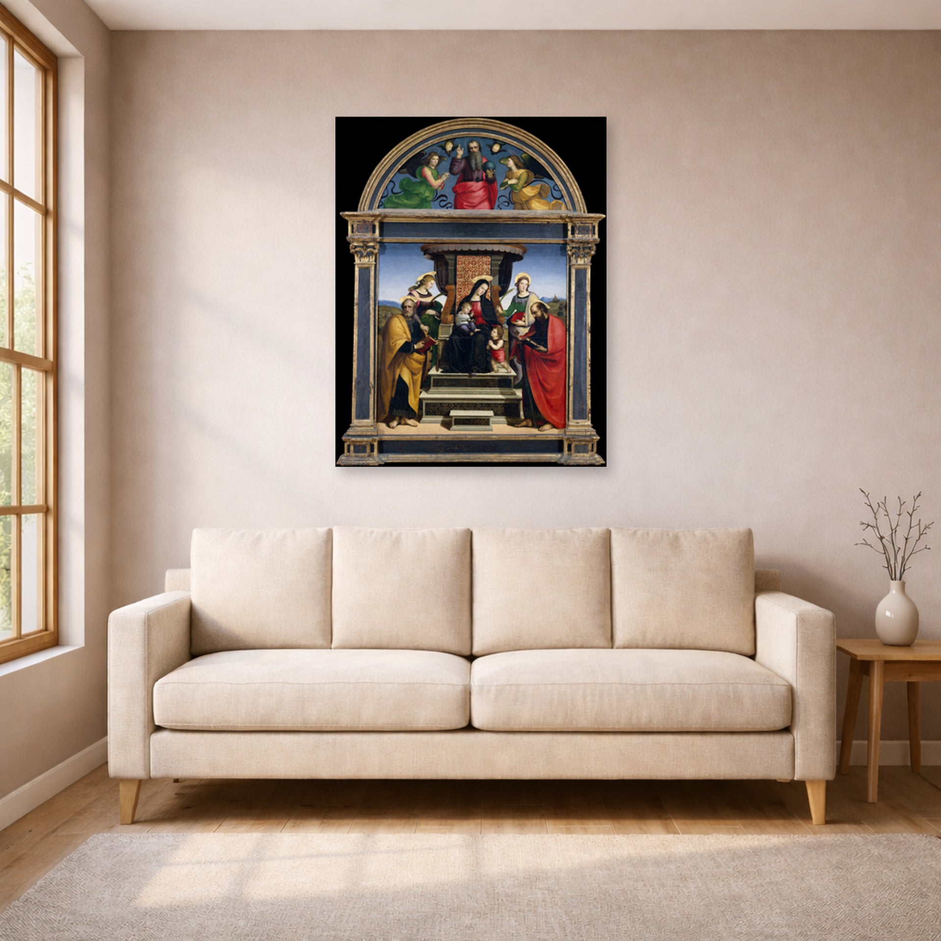 Unframed poster print of Raphael's Madonna and Child Enthroned with Saints displayed on a wall in a living room